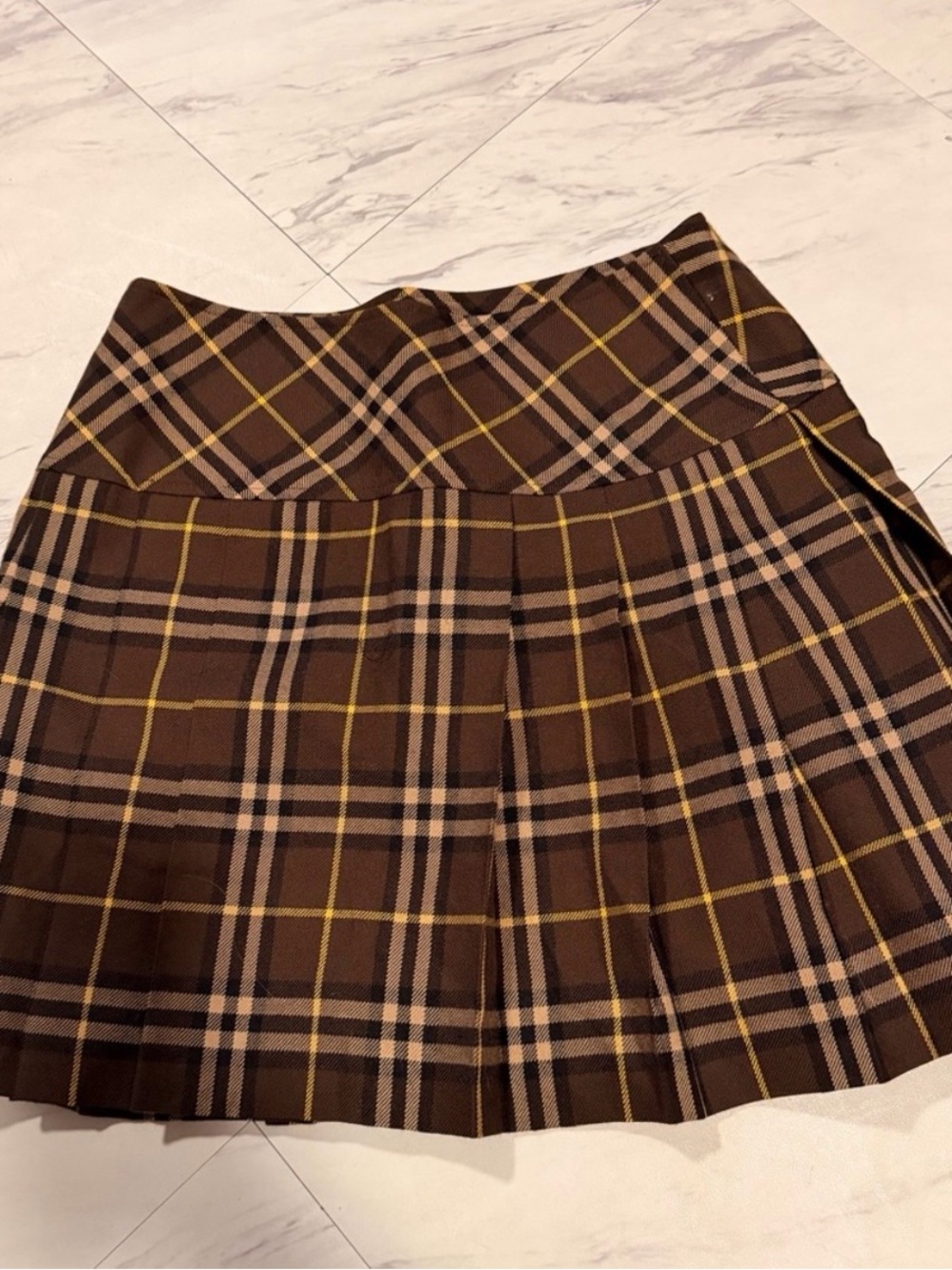 Vintage Burberry Brown Plaid Pleated Mini Skirt with Yellow Accents